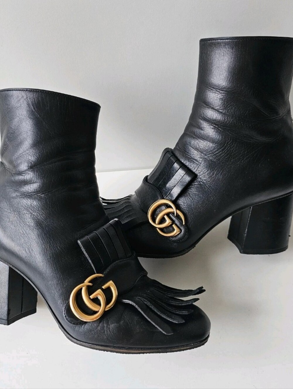 Gucci Marmont Gold GG Logo Black Leather Fringe Ankle Boots EU 38, US 7.5